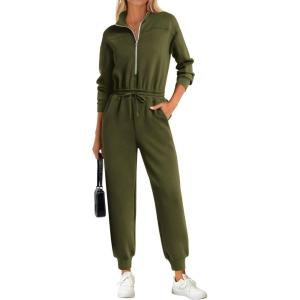 imagePRETTYGARDEN Long Sleeve Jumpsuits for Women Casual 2026 Fall Fashion Zip Up Pant Rompers One Piece Sweatsuits Travel OutfitsArmy Green