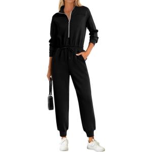 imagePRETTYGARDEN Long Sleeve Jumpsuits for Women Casual 2026 Fall Fashion Zip Up Pant Rompers One Piece Sweatsuits Travel OutfitsBlack
