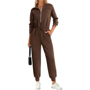 imagePRETTYGARDEN Long Sleeve Jumpsuits for Women Casual 2026 Fall Fashion Zip Up Pant Rompers One Piece Sweatsuits Travel OutfitsBrown