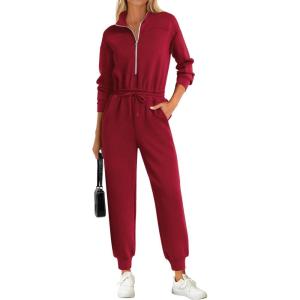 imagePRETTYGARDEN Long Sleeve Jumpsuits for Women Casual 2026 Fall Fashion Zip Up Pant Rompers One Piece Sweatsuits Travel OutfitsBurgundy
