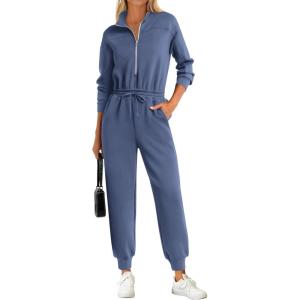 imagePRETTYGARDEN Long Sleeve Jumpsuits for Women Casual 2026 Fall Fashion Zip Up Pant Rompers One Piece Sweatsuits Travel OutfitsDusty Blue