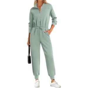 imagePRETTYGARDEN Long Sleeve Jumpsuits for Women Casual 2026 Fall Fashion Zip Up Pant Rompers One Piece Sweatsuits Travel OutfitsLight Green