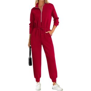 imagePRETTYGARDEN Long Sleeve Jumpsuits for Women Casual 2026 Fall Fashion Zip Up Pant Rompers One Piece Sweatsuits Travel OutfitsRed
