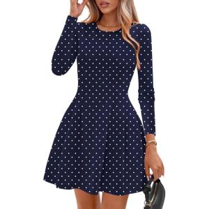 imagePRETTYGARDEN Long Sleeve Mini Dress for Women 2026 Spring Crewneck Knit Pleated Babydoll A Line Casual Short Party DressesDot Navy White