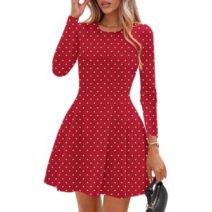 imagePRETTYGARDEN Long Sleeve Mini Dress for Women 2026 Spring Crewneck Knit Pleated Babydoll A Line Casual Short Party DressesPolka Dot Red White