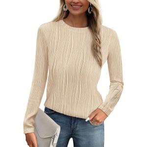 imagePRETTYGARDEN Long Sleeve Tops for Women Spring Fall Trendy Business Dressy Casual Shirts Crewneck Textured Blouse ClothesApricot Pink