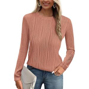 imagePRETTYGARDEN Long Sleeve Tops for Women Spring Fall Trendy Business Dressy Casual Shirts Crewneck Textured Blouse ClothesBean Paste Pink