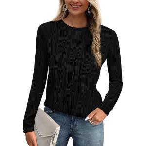imagePRETTYGARDEN Long Sleeve Tops for Women Spring Fall Trendy Business Dressy Casual Shirts Crewneck Textured Blouse ClothesBlack