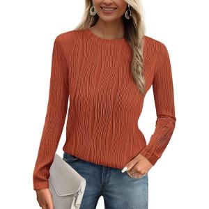 imagePRETTYGARDEN Long Sleeve Tops for Women Spring Fall Trendy Business Dressy Casual Shirts Crewneck Textured Blouse ClothesBrick Red