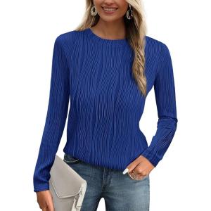 imagePRETTYGARDEN Long Sleeve Tops for Women Spring Fall Trendy Business Dressy Casual Shirts Crewneck Textured Blouse ClothesBrilliant Blue