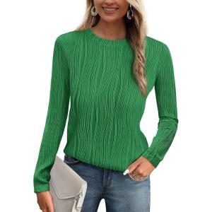 imagePRETTYGARDEN Long Sleeve Tops for Women Spring Fall Trendy Business Dressy Casual Shirts Crewneck Textured Blouse ClothesBrilliant Green