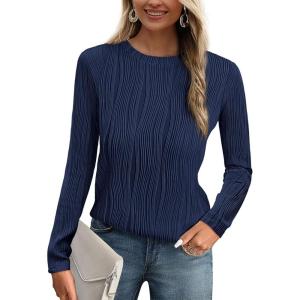 imagePRETTYGARDEN Long Sleeve Tops for Women Spring Fall Trendy Business Dressy Casual Shirts Crewneck Textured Blouse ClothesNavy