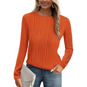 imagePRETTYGARDEN Long Sleeve Tops for Women Spring Fall Trendy Business Dressy Casual Shirts Crewneck Textured Blouse ClothesOrange