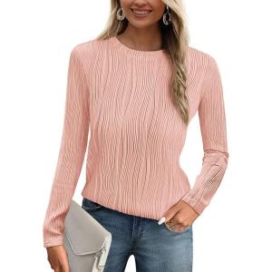 imagePRETTYGARDEN Long Sleeve Tops for Women Spring Fall Trendy Business Dressy Casual Shirts Crewneck Textured Blouse ClothesPink