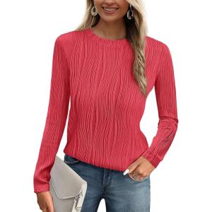imagePRETTYGARDEN Long Sleeve Tops for Women Spring Fall Trendy Business Dressy Casual Shirts Crewneck Textured Blouse ClothesRed