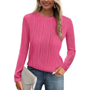 imagePRETTYGARDEN Long Sleeve Tops for Women Spring Fall Trendy Business Dressy Casual Shirts Crewneck Textured Blouse ClothesRose Red
