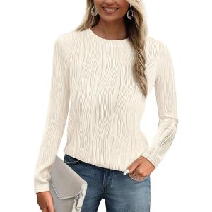 imagePRETTYGARDEN Long Sleeve Tops for Women Spring Fall Trendy Business Dressy Casual Shirts Crewneck Textured Blouse ClothesWhite