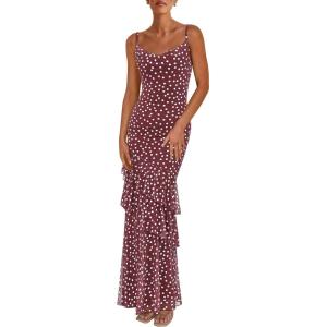imagePRETTYGARDEN Maxi Dresses for Women 2026 Summer Tiered Floral Beach Sundress Spaghetti Strap Spring Wedding Guest Long Dress01 Dot Burgundy White