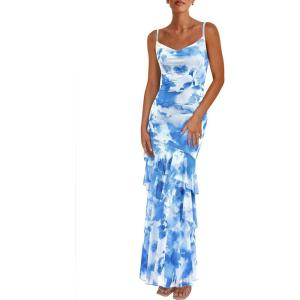 imagePRETTYGARDEN Maxi Dresses for Women 2026 Summer Tiered Floral Beach Sundress Spaghetti Strap Spring Wedding Guest Long DressBlue