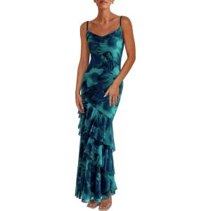 imagePRETTYGARDEN Maxi Dresses for Women 2026 Summer Tiered Floral Beach Sundress Spaghetti Strap Spring Wedding Guest Long DressFloral Lake Blue
