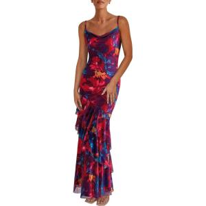 imagePRETTYGARDEN Maxi Dresses for Women 2026 Summer Tiered Floral Beach Sundress Spaghetti Strap Spring Wedding Guest Long DressNavy Red Big Floral