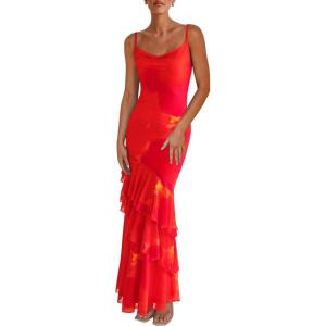 imagePRETTYGARDEN Maxi Dresses for Women 2026 Summer Tiered Floral Beach Sundress Spaghetti Strap Spring Wedding Guest Long DressOrange Red Big Floral
