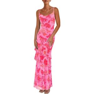 imagePRETTYGARDEN Maxi Dresses for Women 2026 Summer Tiered Floral Beach Sundress Spaghetti Strap Spring Wedding Guest Long DressPink Orange Floral