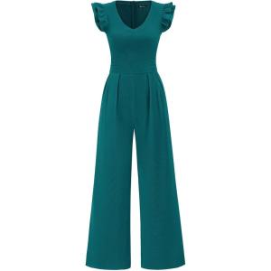 imagePRETTYGARDEN One Piece Jumpsuits For Women Dressy Ruffle Cap Sleeve V Neck Ribbed Knit Wide Leg Romper Casual Spring OutfitsBlue Green