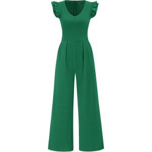 imagePRETTYGARDEN One Piece Jumpsuits For Women Dressy Ruffle Cap Sleeve V Neck Ribbed Knit Wide Leg Romper Casual Spring OutfitsGreen