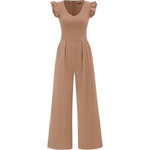 imagePRETTYGARDEN One Piece Jumpsuits For Women Dressy Ruffle Cap Sleeve V Neck Ribbed Knit Wide Leg Romper Casual Spring OutfitsKhaki