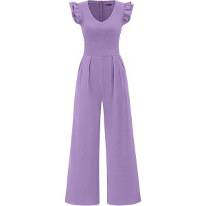 imagePRETTYGARDEN One Piece Jumpsuits For Women Dressy Ruffle Cap Sleeve V Neck Ribbed Knit Wide Leg Romper Casual Spring OutfitsLight Purple