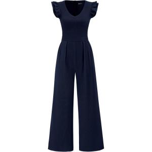 imagePRETTYGARDEN One Piece Jumpsuits For Women Dressy Ruffle Cap Sleeve V Neck Ribbed Knit Wide Leg Romper Casual Spring OutfitsNavy