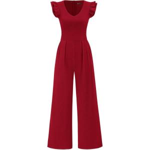 imagePRETTYGARDEN One Piece Jumpsuits For Women Dressy Ruffle Cap Sleeve V Neck Ribbed Knit Wide Leg Romper Casual Spring OutfitsRed