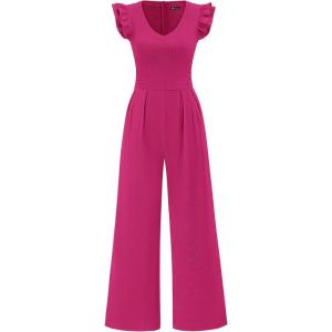 imagePRETTYGARDEN One Piece Jumpsuits For Women Dressy Ruffle Cap Sleeve V Neck Ribbed Knit Wide Leg Romper Casual Spring OutfitsRose Red