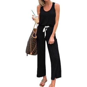 imagePRETTYGARDEN One Piece Jumpsuits for Women 2026 Summer Casual Drawstring Sleeveless Tank Romper Beach Vacation OutfitsAblack