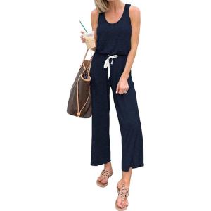 imagePRETTYGARDEN One Piece Jumpsuits for Women 2026 Summer Casual Drawstring Sleeveless Tank Romper Beach Vacation OutfitsZdark Blue