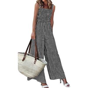 imagePRETTYGARDEN One Piece Jumpsuits for Women 2026 Summer Sleeveless Smocked Gingham Wide Leg Date Night Rompers Spring OutfitsBlack