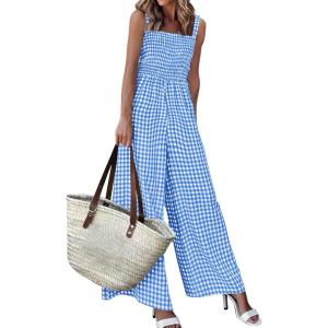 imagePRETTYGARDEN One Piece Jumpsuits for Women 2026 Summer Sleeveless Smocked Gingham Wide Leg Date Night Rompers Spring OutfitsBlue