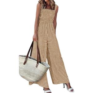 imagePRETTYGARDEN One Piece Jumpsuits for Women 2026 Summer Sleeveless Smocked Gingham Wide Leg Date Night Rompers Spring OutfitsBrown
