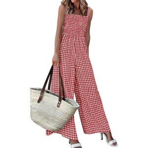 imagePRETTYGARDEN One Piece Jumpsuits for Women 2026 Summer Sleeveless Smocked Gingham Wide Leg Date Night Rompers Spring OutfitsBurgundy