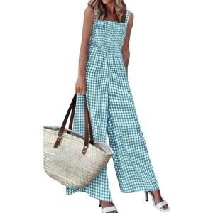 imagePRETTYGARDEN One Piece Jumpsuits for Women 2026 Summer Sleeveless Smocked Gingham Wide Leg Date Night Rompers Spring OutfitsDusty Blue