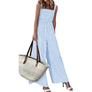 imagePRETTYGARDEN One Piece Jumpsuits for Women 2026 Summer Sleeveless Smocked Gingham Wide Leg Date Night Rompers Spring OutfitsLight Blue
