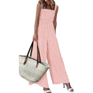 imagePRETTYGARDEN One Piece Jumpsuits for Women 2026 Summer Sleeveless Smocked Gingham Wide Leg Date Night Rompers Spring OutfitsLight Pink