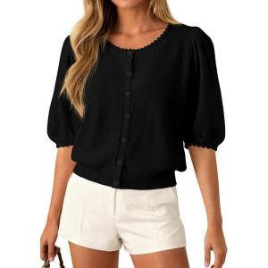 imagePRETTYGARDEN Puff Short Sleeve Cardigans for Women Lightweight 2026 Summer Shirts Button Up Knit Sweater Tops Spring ClothesBlack