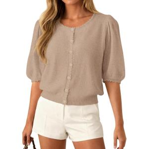 imagePRETTYGARDEN Puff Short Sleeve Cardigans for Women Lightweight 2026 Summer Shirts Button Up Knit Sweater Tops Spring ClothesKhaki