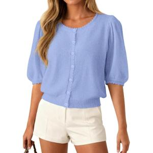 imagePRETTYGARDEN Puff Short Sleeve Cardigans for Women Lightweight 2026 Summer Shirts Button Up Knit Sweater Tops Spring ClothesLight Blue