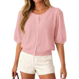 imagePRETTYGARDEN Puff Short Sleeve Cardigans for Women Lightweight 2026 Summer Shirts Button Up Knit Sweater Tops Spring ClothesPink
