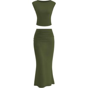 imagePRETTYGARDEN Skirt Sets Women 2 Piece Outfits Summer Outfits 2026 Going Out Crop Tops Long Maxi Skirts Beach Vacation ClothesArmy Green