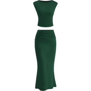 imagePRETTYGARDEN Skirt Sets Women 2 Piece Outfits Summer Outfits 2026 Going Out Crop Tops Long Maxi Skirts Beach Vacation ClothesDark Green