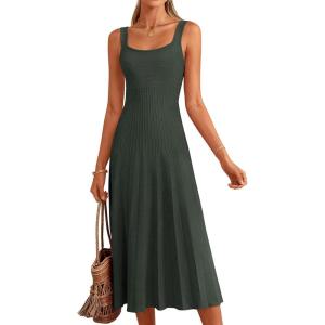imagePRETTYGARDEN Spring Dresses for Women 2026 Summer Casual Sleeveless Square Neck A Line Knit Pleated Midi Cocktail Party DressArmy Green